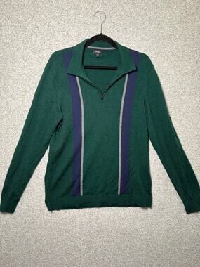 Express Men M Merino Wool Green Striped Quarter Zip Sweater